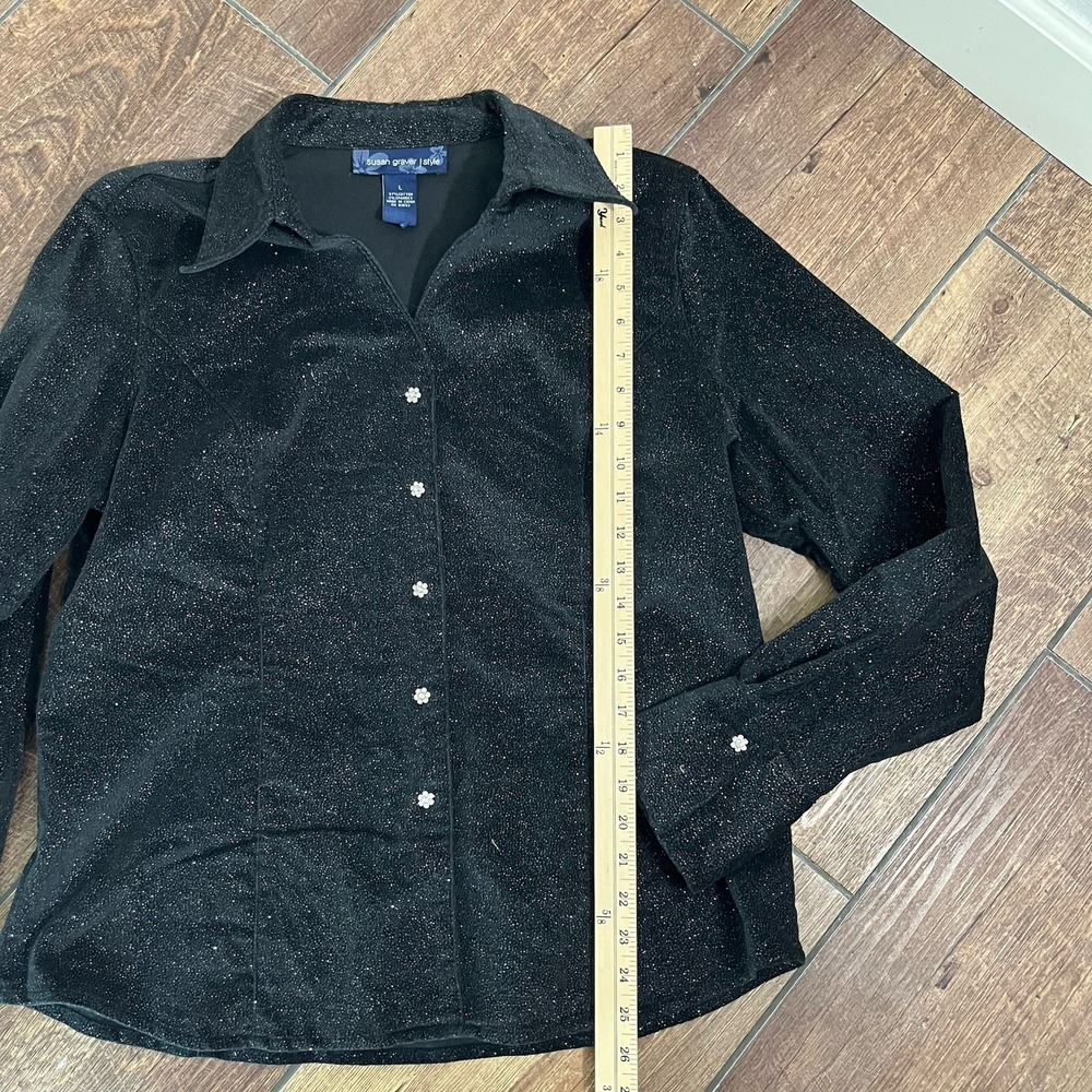 SUSAN GRAVER Shirt Top Women's L Black Faux Suede Glitter Rhinestone Button-Up - Picture 6 of 8